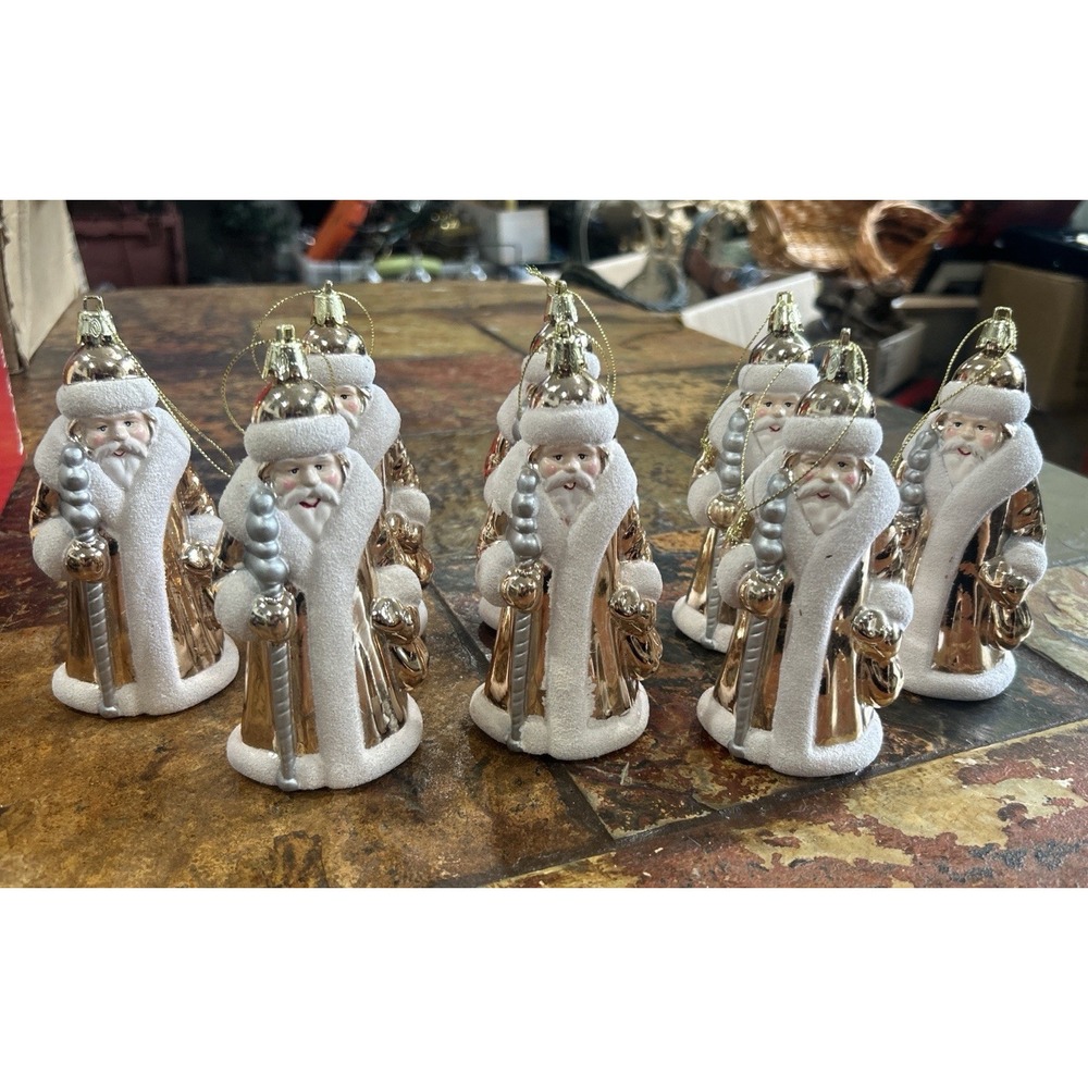 Set of 8 Father Christmas Ornaments Shatterproof Metallic Gold Vintage Style